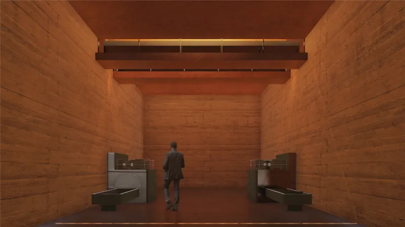The pressing and crushing room uses warm materiality and controlled lighting to reveal the technical winemaking process.