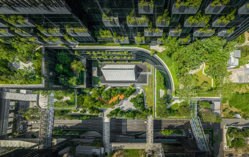 Aerial view of residential towers with green roof terraces and planted courtyards connected by curving pathways