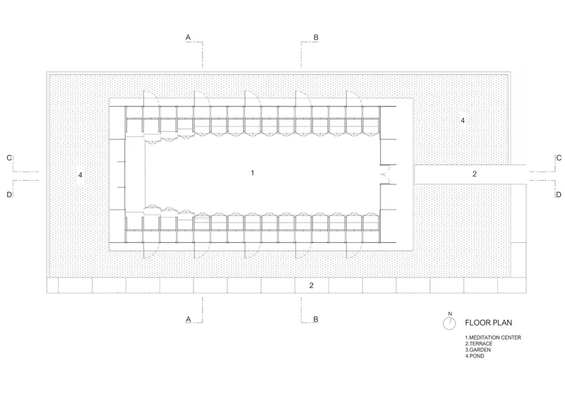Floor plan drawing showing rectangular volume with colonnade and adjacent terrace, garden and pond spaces