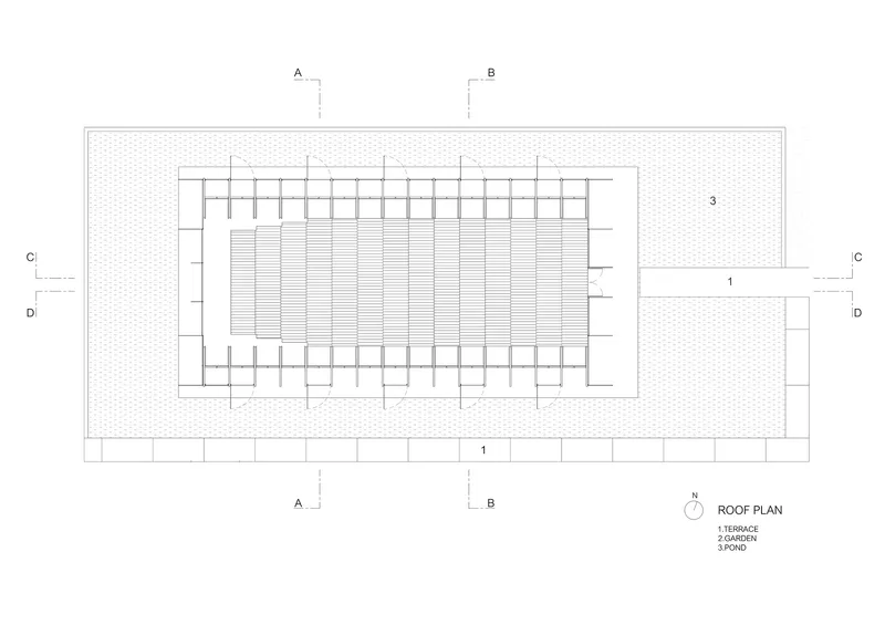 Roof plan drawing showing gridded roof surface with surrounding terrace, garden and pond areas