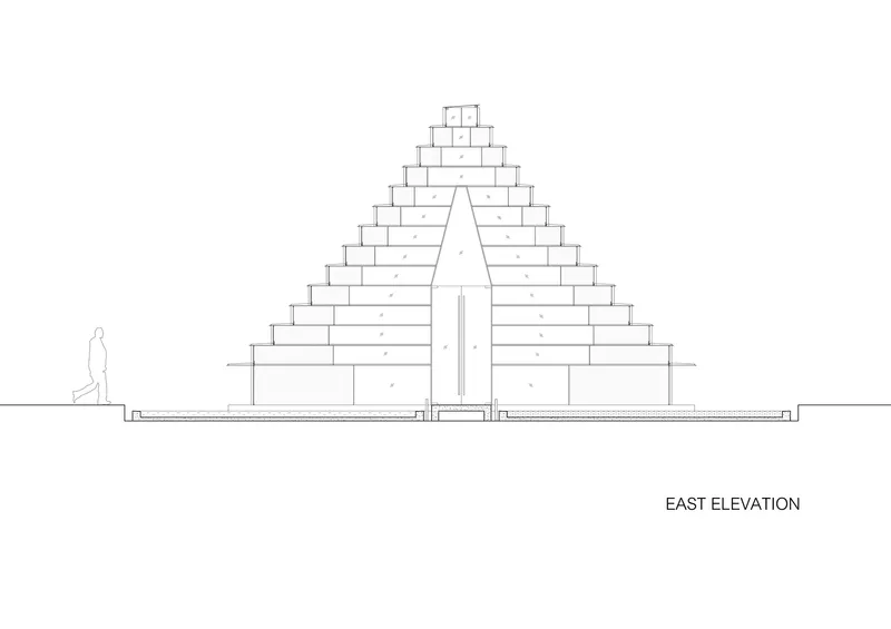 East elevation drawing showing pyramidal stepped volume with central vertical opening and standing figure for scale