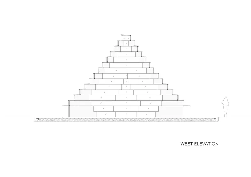 West elevation drawing showing pyramidal stepped volume with horizontal base and standing figure for scale