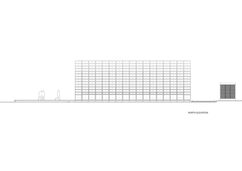 North elevation drawing showing a gridded facade with a solid volume at one end and figures for scale