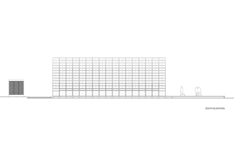 South elevation drawing showing the gridded facade with a solid volume and figures walking alongside