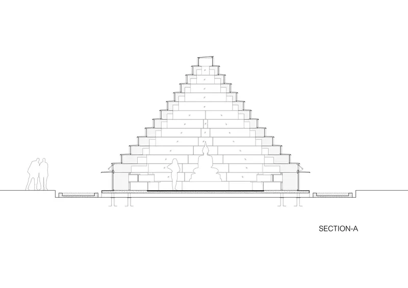 Section drawing revealing a stepped pyramidal form with internal passages and a figure for scale