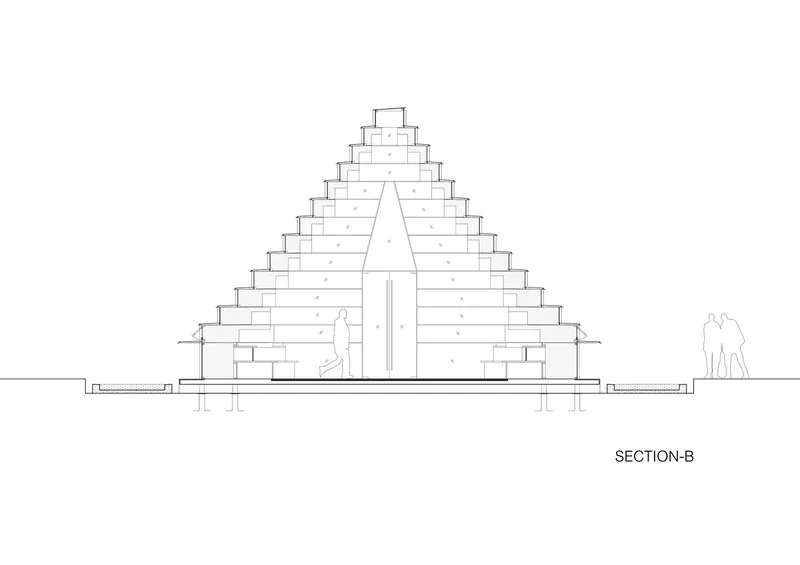 Section drawing showing a pyramidal volume with a central vertical void and figures at ground level