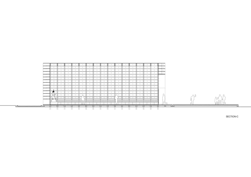 Section drawing depicting the gridded facade alongside a pyramidal volume with walking figures for scale