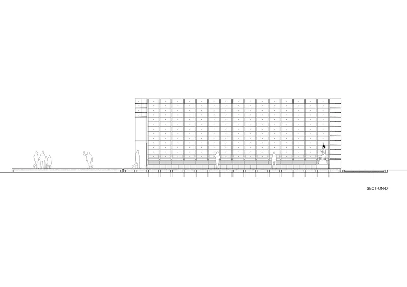 Section drawing showing the gridded facade with figures at ground level in an open landscape