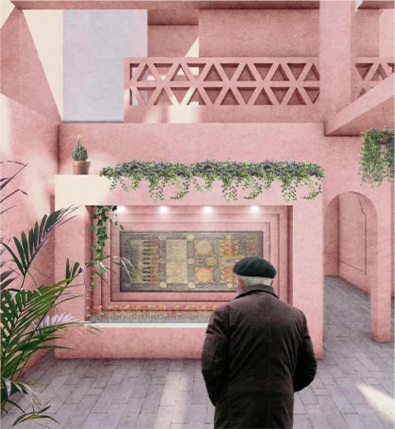 Intimate courtyard with greenery and Moroccan architectural details supporting calm everyday interaction.