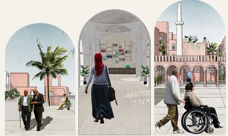 Accessible community spaces combine social areas, cultural functions, and inclusive circulation for elderly residents.