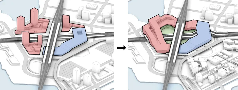 Axonometric diagram showing massing arrangement of colored volumes around a transportation corridor