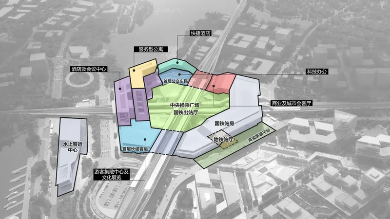 Aerial site plan diagram with labeled color-coded program zones over a monochrome photograph