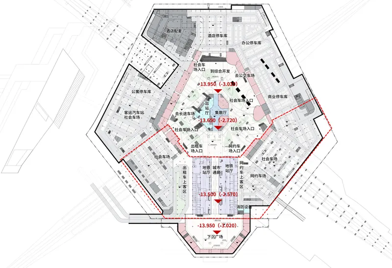 Floor plan drawing of a hexagonal transit concourse showing vertical circulation cores and retail zones