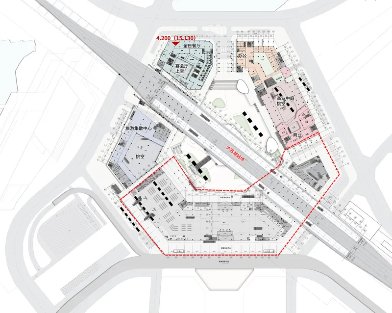 Site plan drawing showing pentagonal building footprint with central courtyard and circulation paths