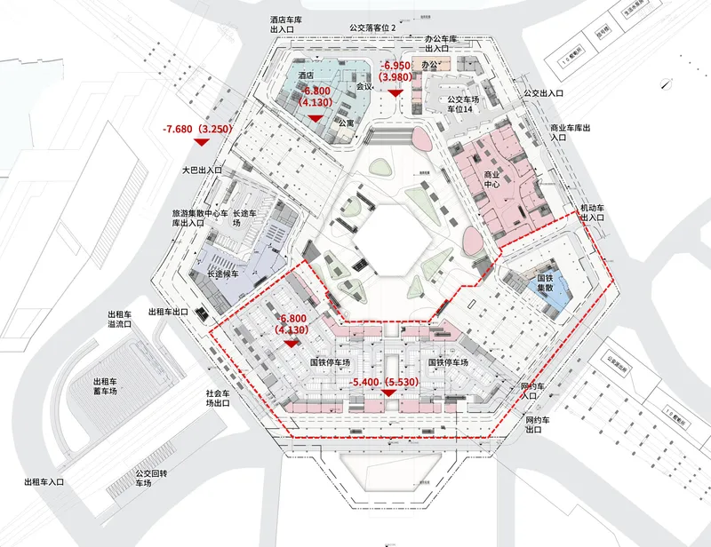 Level plan drawing of hexagonal transit hub with labeled entrances and multi-level connections
