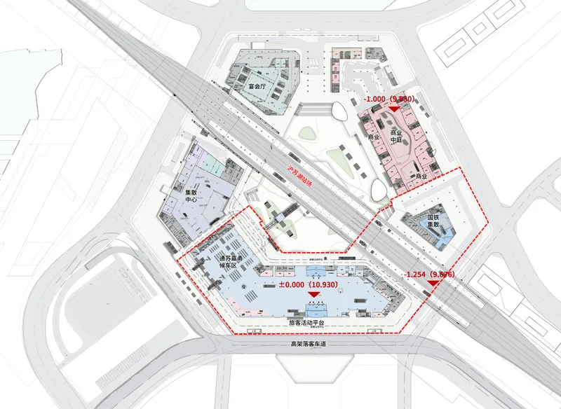 Site plan drawing depicting a multi-level hexagonal building footprint with surrounding roadways and adjacent structures