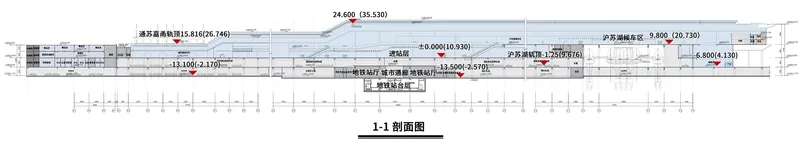 Building section drawing illustrating the horizontal massing and interior levels across the length of the terminal