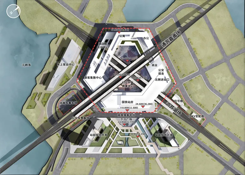 Aerial axonometric view of the pentagonal terminal complex surrounded by highways and neighboring urban blocks