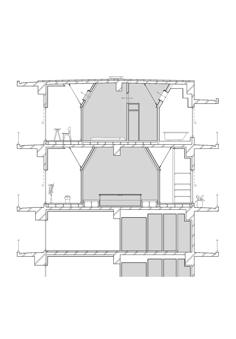 Section drawing showing three-story interior with diagonal roof trusses and stacked living spaces