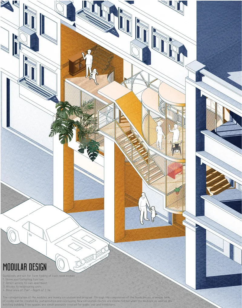 Parasitic modular intervention extending from the existing building to create new public circulation and gathering spaces.