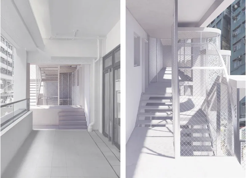 Interior views reveal lightweight mesh enclosures and stair connections forming a porous transition between old and new architecture.