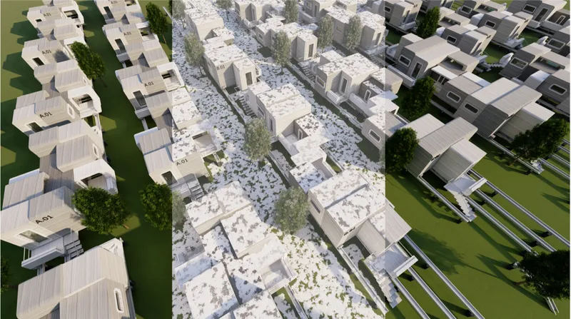 Aerial view of ABADGAR’s modular settlement with adaptable housing clusters and shared green spaces.