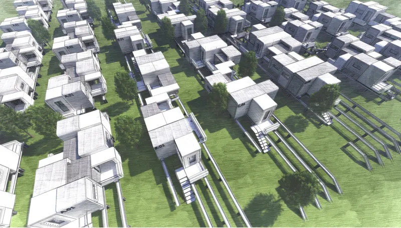 Conceptual settlement view showing 3D printed modular homes arranged for scalable disaster recovery housing.