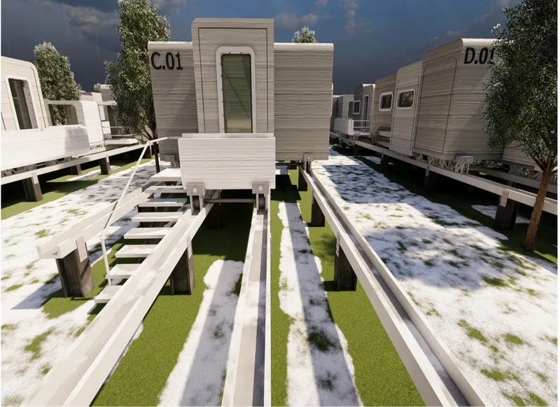 Elevated 3D printed housing modules connected by stairs, platforms, and service rails for post-earthquake recovery.