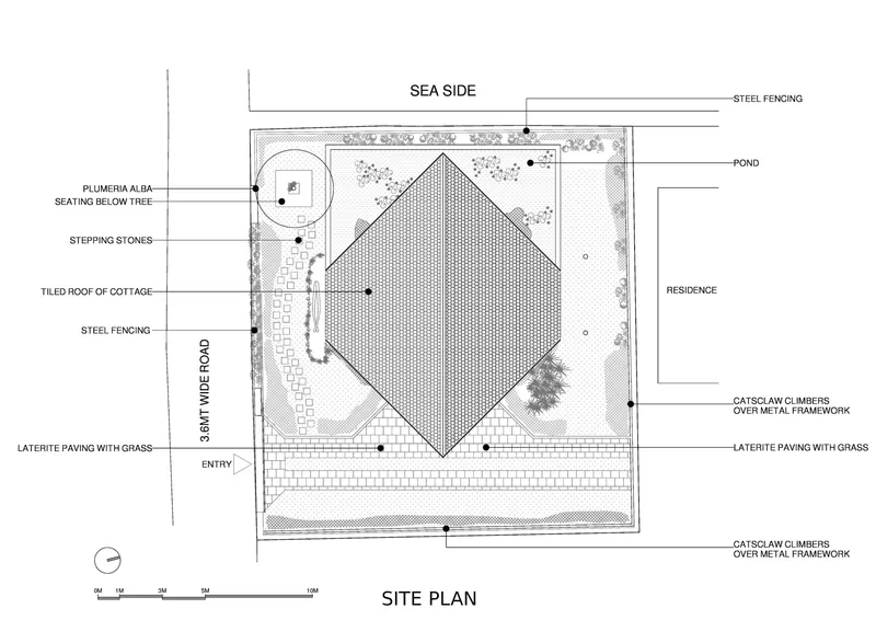 Site plan drawing showing a pentagonal residence with central pond and surrounding landscaping oriented toward the sea
