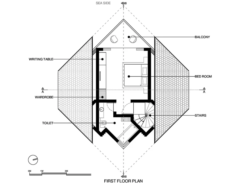First floor plan drawing showing bedroom and writing table with central spiral stair and balcony access