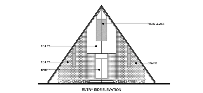 Entry side elevation drawing showing the triangular facade with fixed glass window and flanking toilet volumes