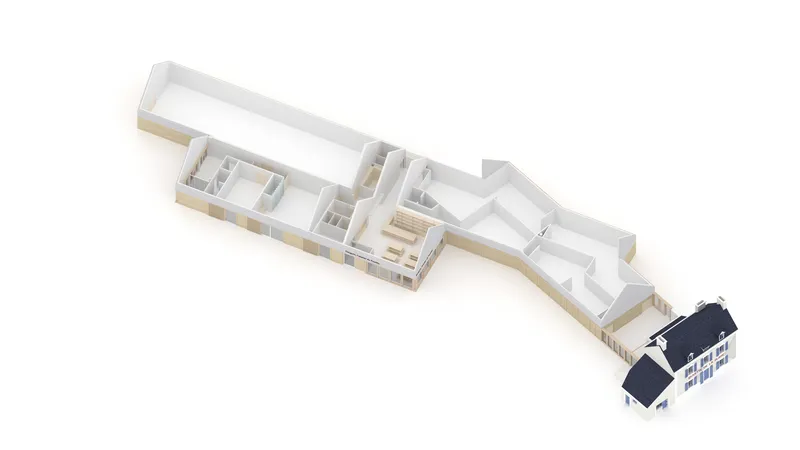Isometric cutaway model revealing the interior room layout within the elongated curved plan connecting to existing building