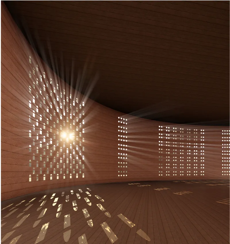 Sunlight filters through the openwork facade, creating a quiet spiritual atmosphere inside the chapel.