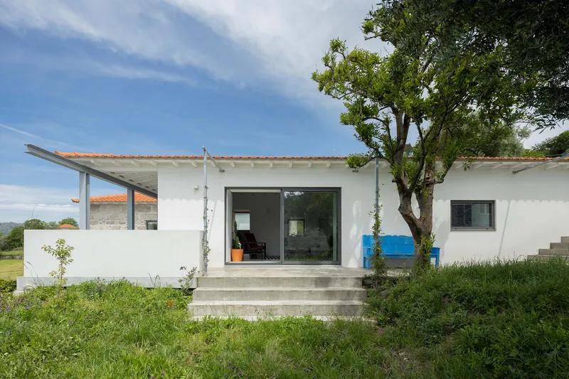 White stucco facade with large sliding glass door flanked by an existing tree and concrete steps