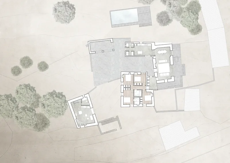 Floor plan drawing showing interior room layouts with adjacent landscape elements and adjacent structures