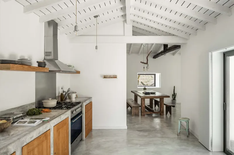 Open kitchen with timber cabinetry and concrete countertop looking through to the adjacent dining space