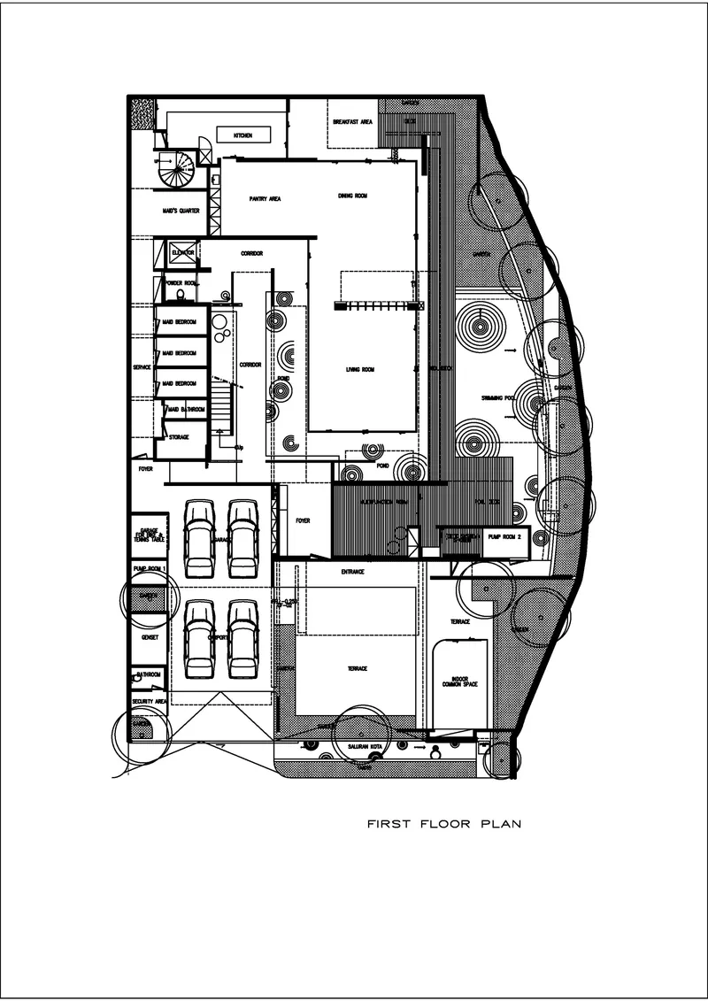 First floor plan drawing showing living areas, garage, pool and landscaped courtyard