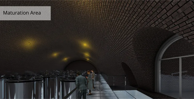 The vaulted maturation space combines traditional cellar character with elevated visitor circulation above the production zone.