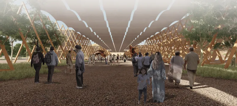 A shaded bazaar axis creates a civic spine for movement, gathering, and everyday community life.