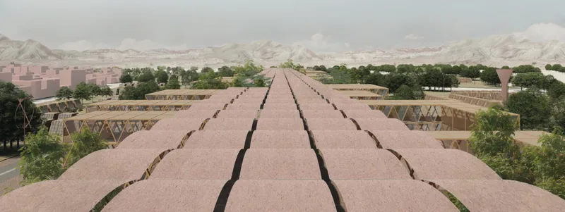 Bazaar City stretches toward the mountains, linking public infrastructure, agriculture, and resilient shelter zones.