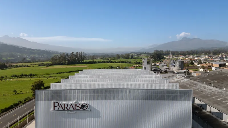 Drone view of the stepped corrugated metal roof volumes against a valley landscape with scattered clouds
