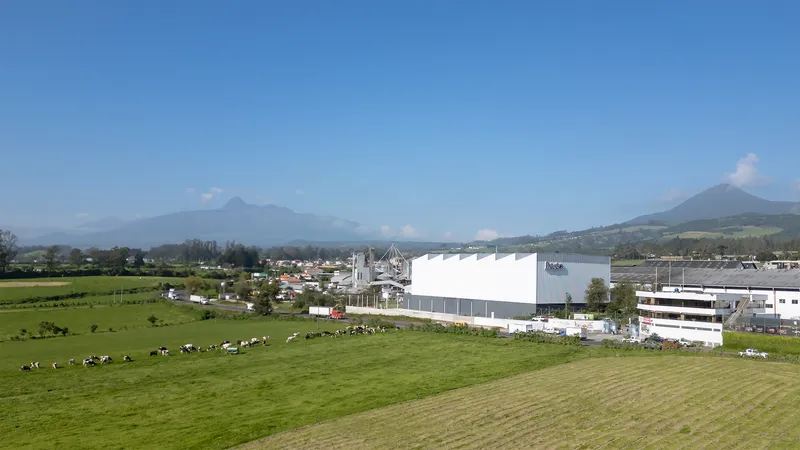 Distant view of the white corrugated metal warehouse with grazing cattle in green pastures and mountains beyond
