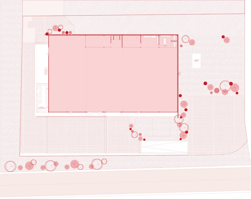 Site plan drawing showing the rectangular volume with landscaping circles scattered around its perimeter