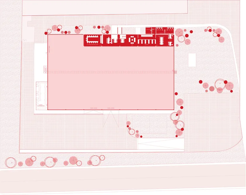 Floor plan drawing indicating the main production hall and service strip with detailed equipment layout