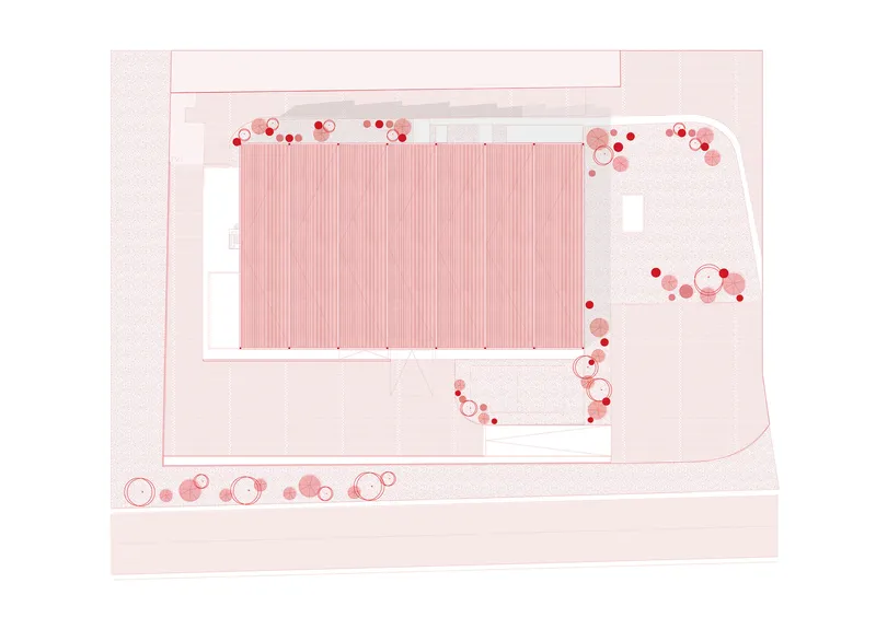 Site plan drawing showing a rectangular building volume with vertical striping surrounded by circular tree clusters