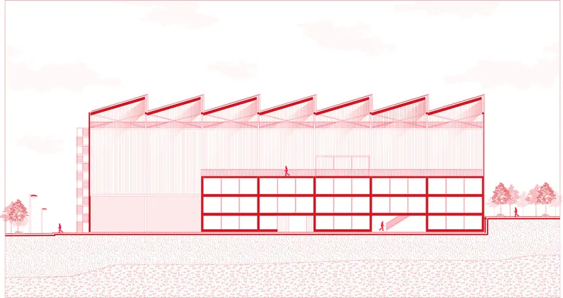 Elevation drawing depicting a sawtooth roof profile atop a gridded facade with figures and trees for scale