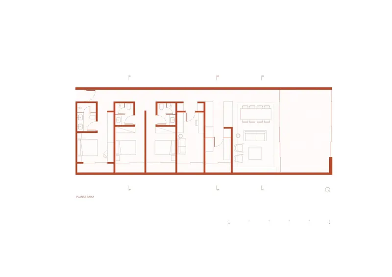 Floor plan drawing showing three bedrooms with ensuites and an open living and dining area