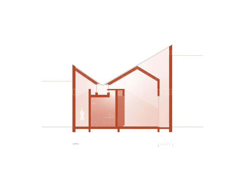 Section drawing revealing the varied roof profile with gabled and sloping forms above interior rooms