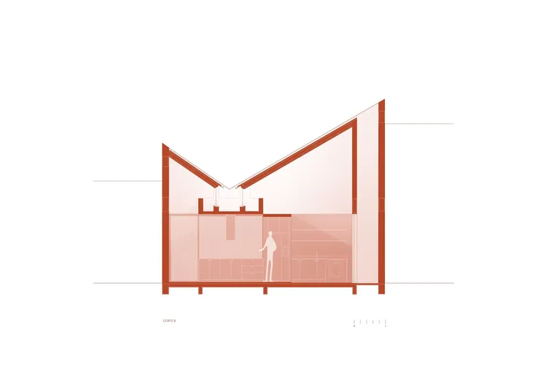 Section drawing through kitchen space with figure for scale beneath angled and gabled ceiling volumes