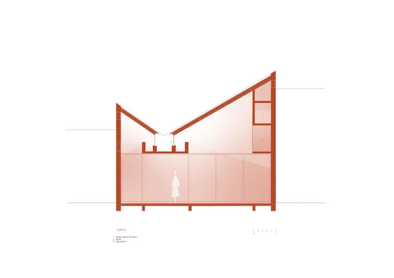 Section drawing showing the double-gabled roof profile with a central mezzanine level and figure for scale